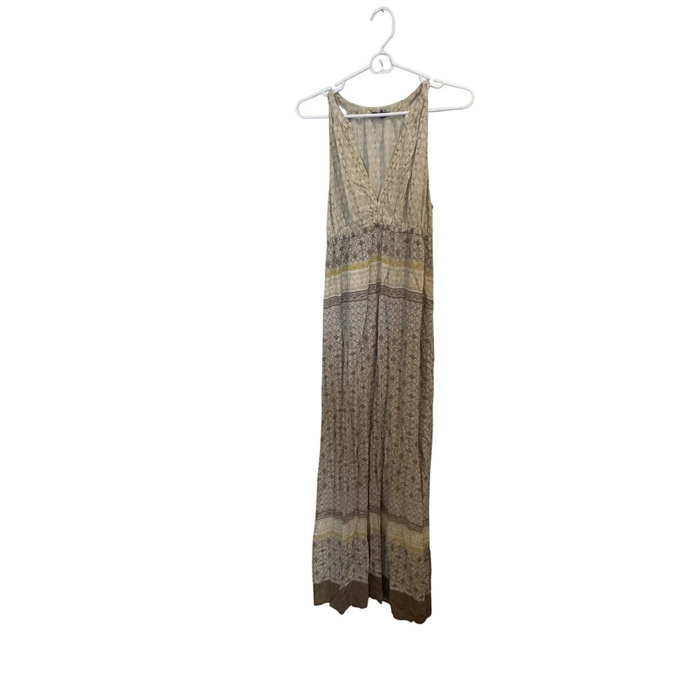 Fleur Bleue Dress‎ Womens 2 Beige Geometric Maxi Sleeveless V Neck Boho Sundress